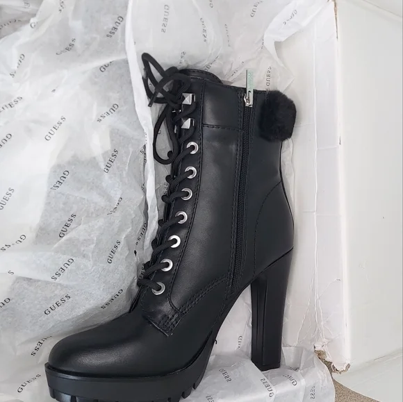 Guess Tetian Black Leather Faux-Fur Lace-Up Stiletto Heeled Boots Women's 9 NWT - Picture 16 of 16